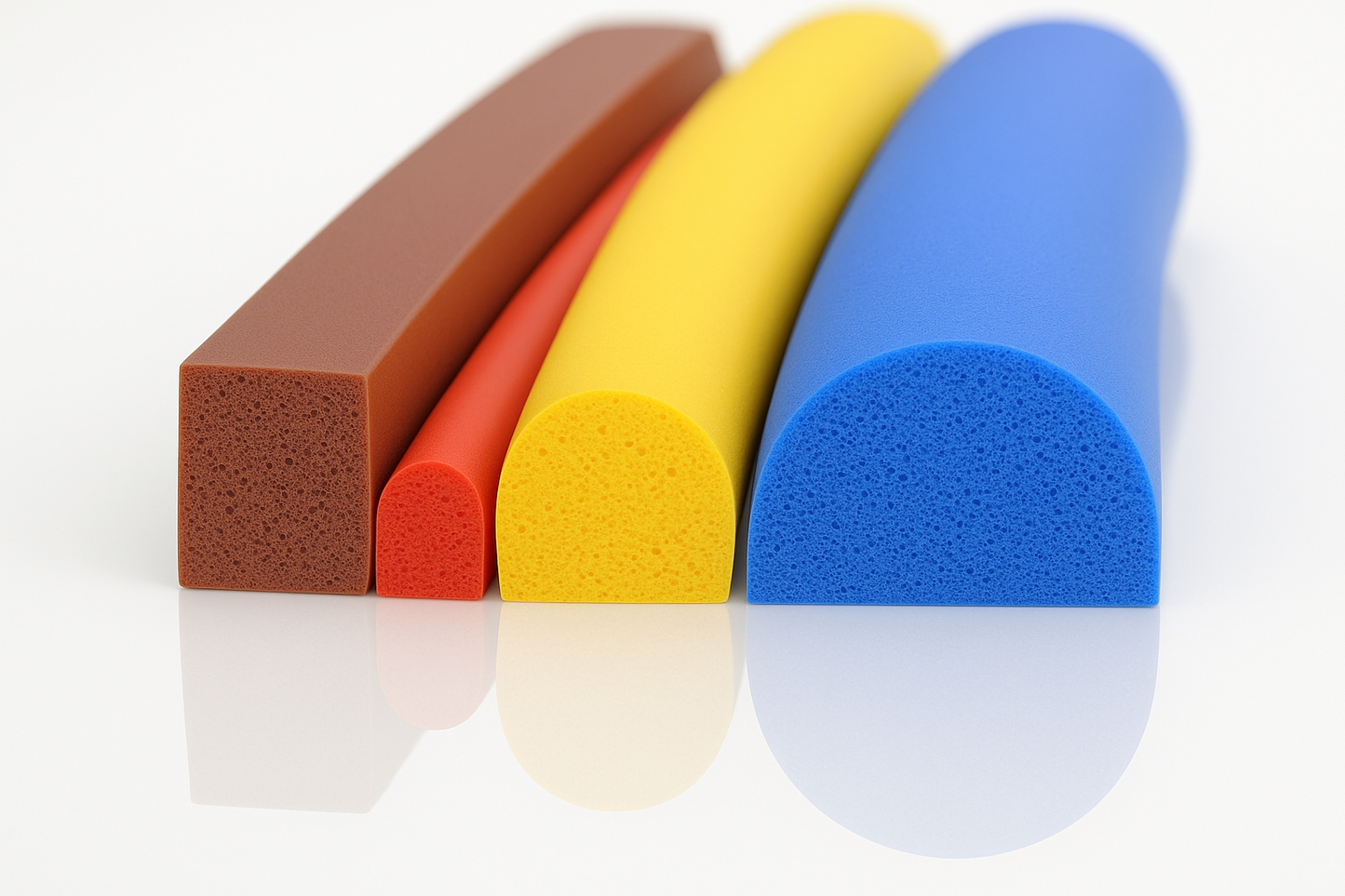 Silicone sponge extrusions – coloured profiles in U, D, and round sections for seals and insulation.