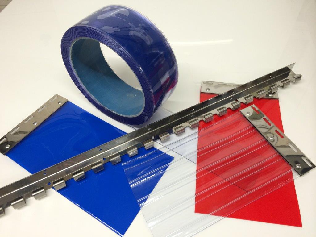 PVC strip curtain kit showing coloured rolls, clear strips, and metal hanging rails ready for installation.