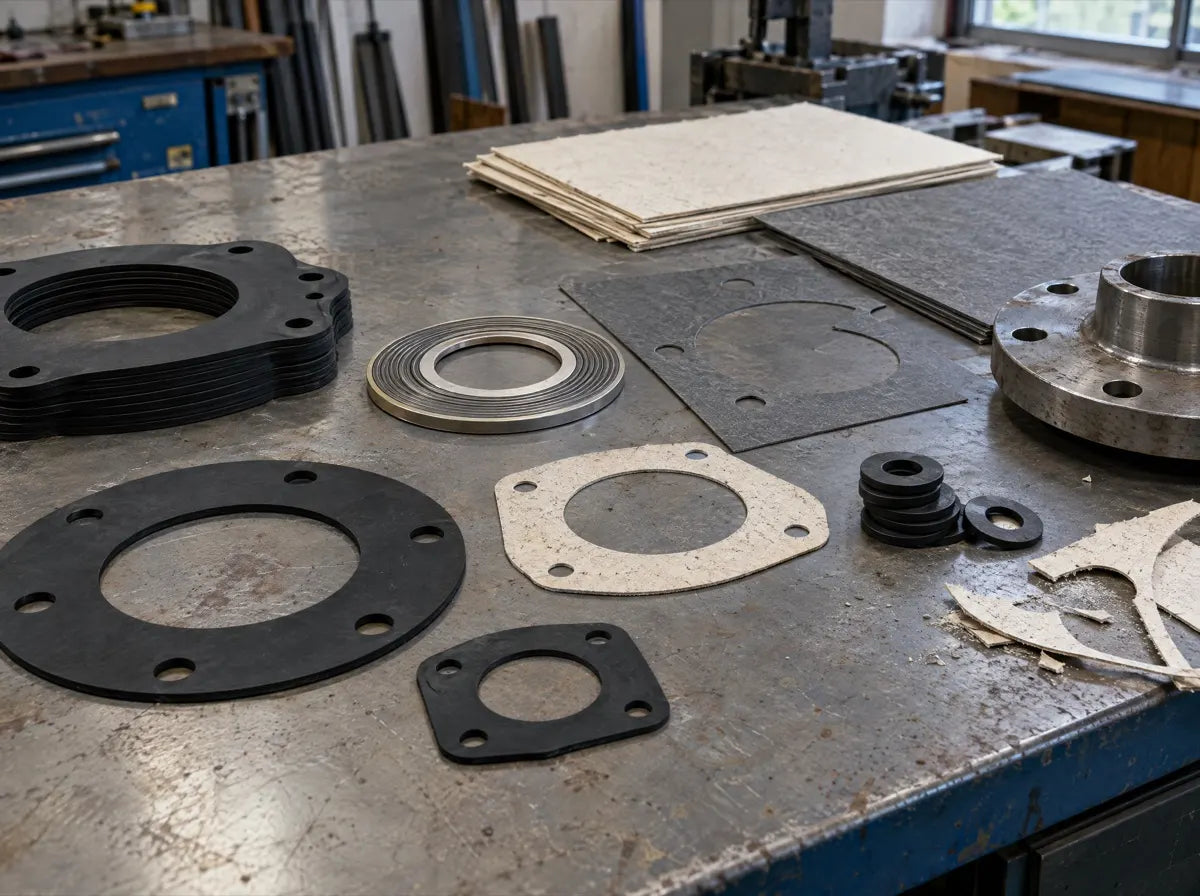 Cut gaskets and jointing sheet on a steel bench
