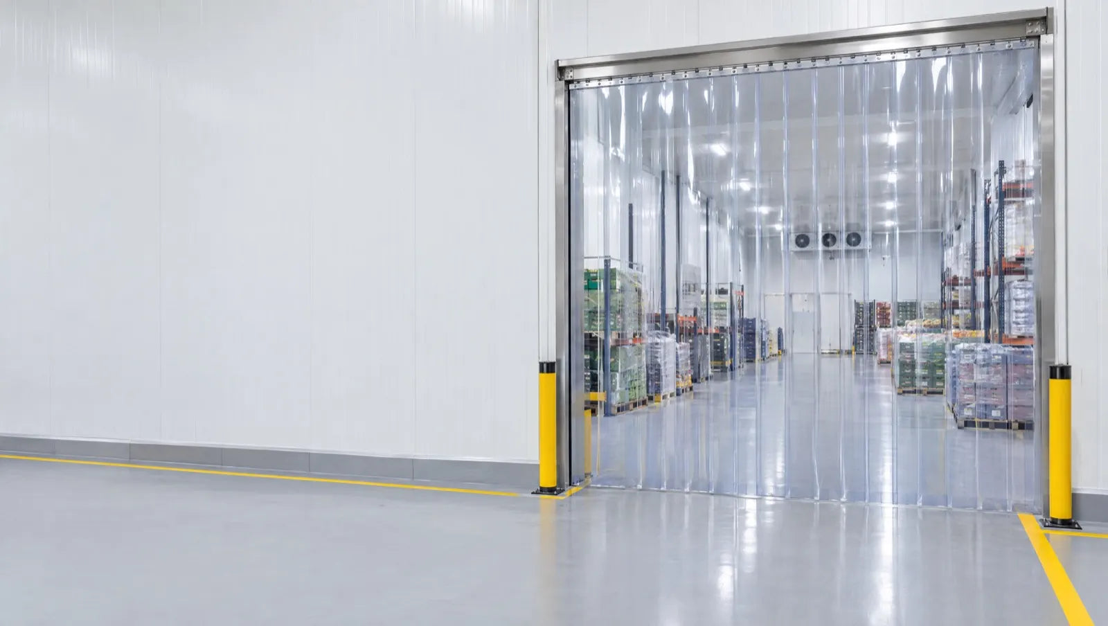 Clean, clear PVC strip curtain across a cold store doorway in a modern warehouse