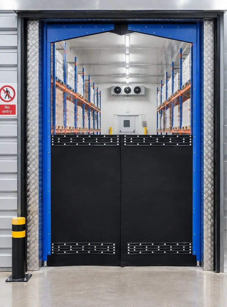 Double impact crash doors with blue frame and black panels at a cold store entrance