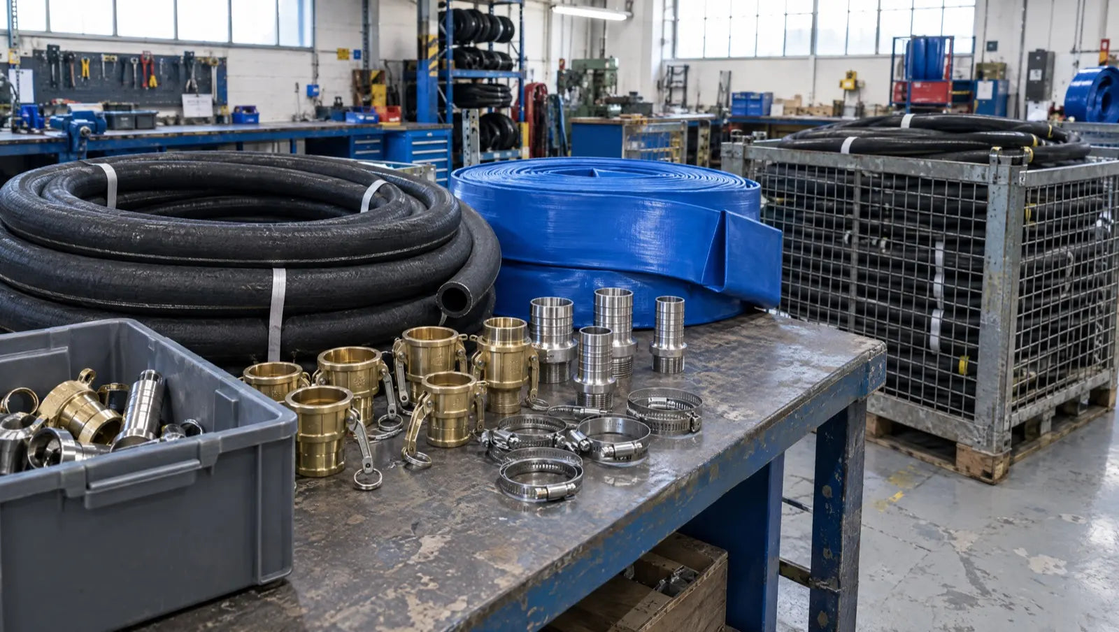 Coils of industrial rubber hose with couplings in a workshop