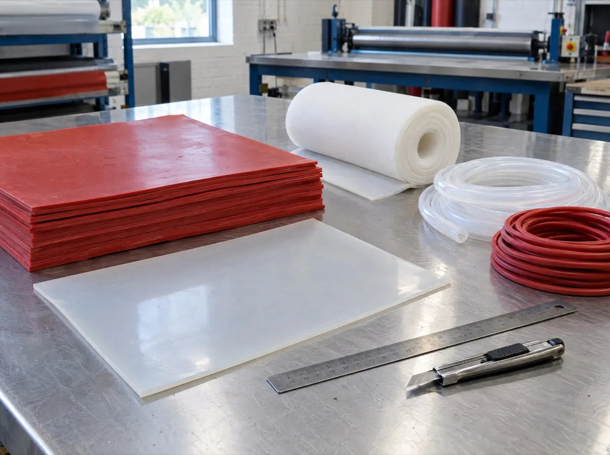Silicone sheet and tubing on a workbench