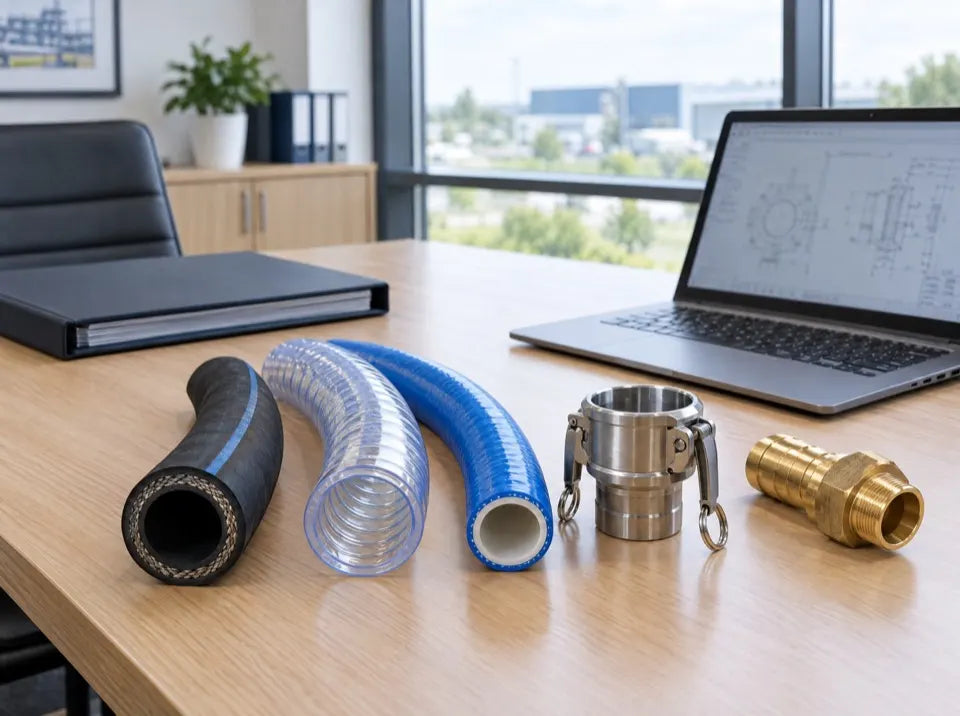 Hose samples and fittings laid out for comparison on a clean office desk