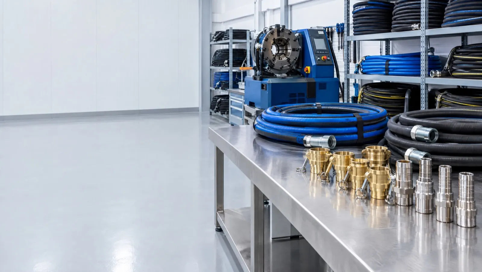 Clean industrial hose assembly workshop with coiled hoses and couplings on a stainless bench