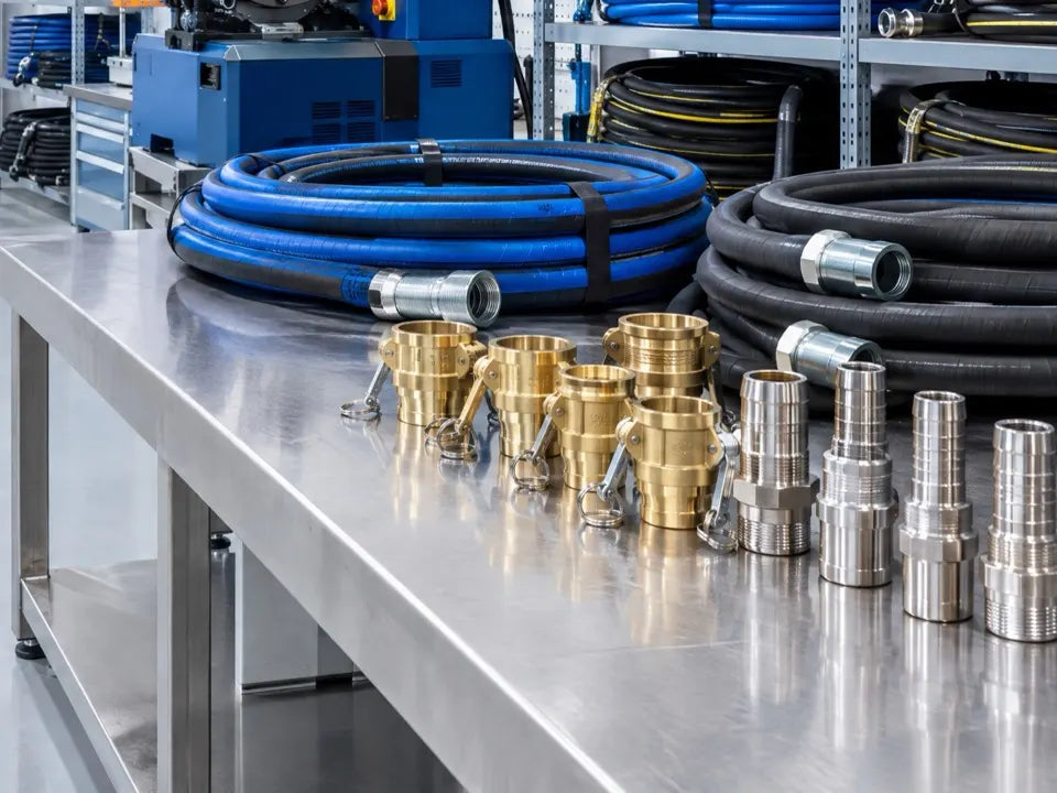 Brass and stainless steel couplings with industrial hose in a clean workshop
