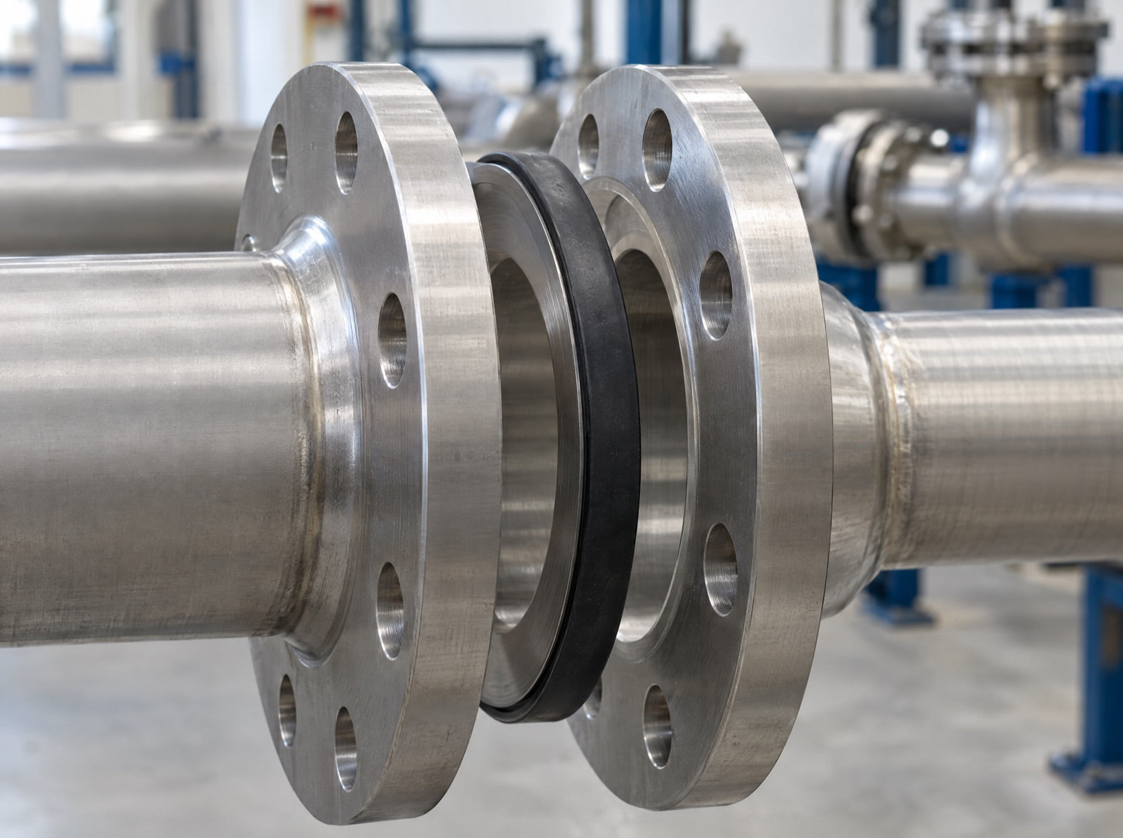 Black nitrile rubber gasket seated between two stainless steel pipe flanges before they are bolted together
