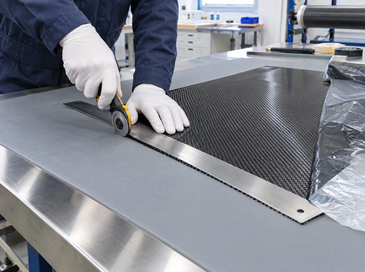 Gloved hands cutting carbon fibre pre-preg with a rotary cutter on a grey polyurethane cutting mat