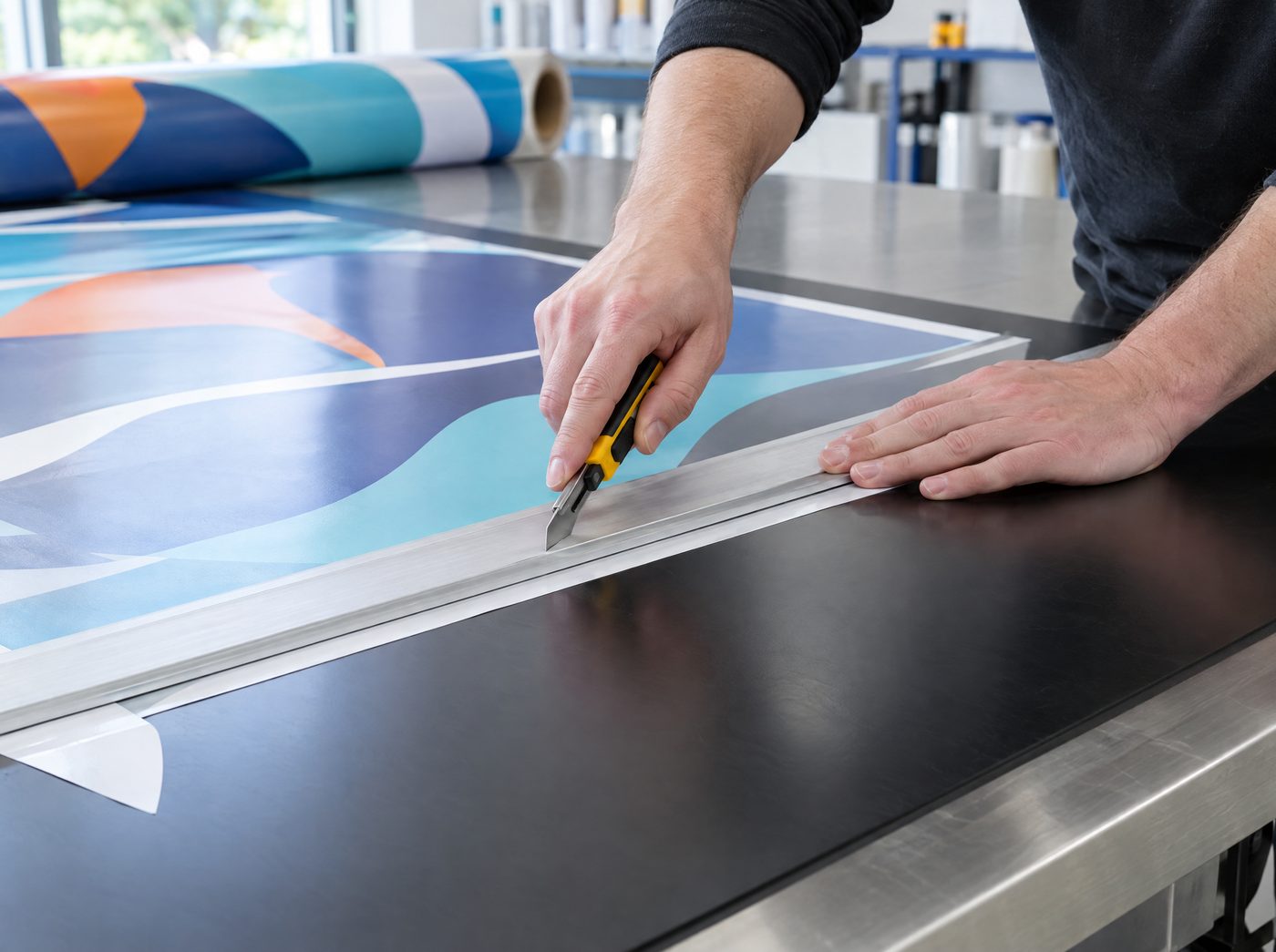 Trimming printed vinyl with a safety knife on a black polyurethane cutting mat