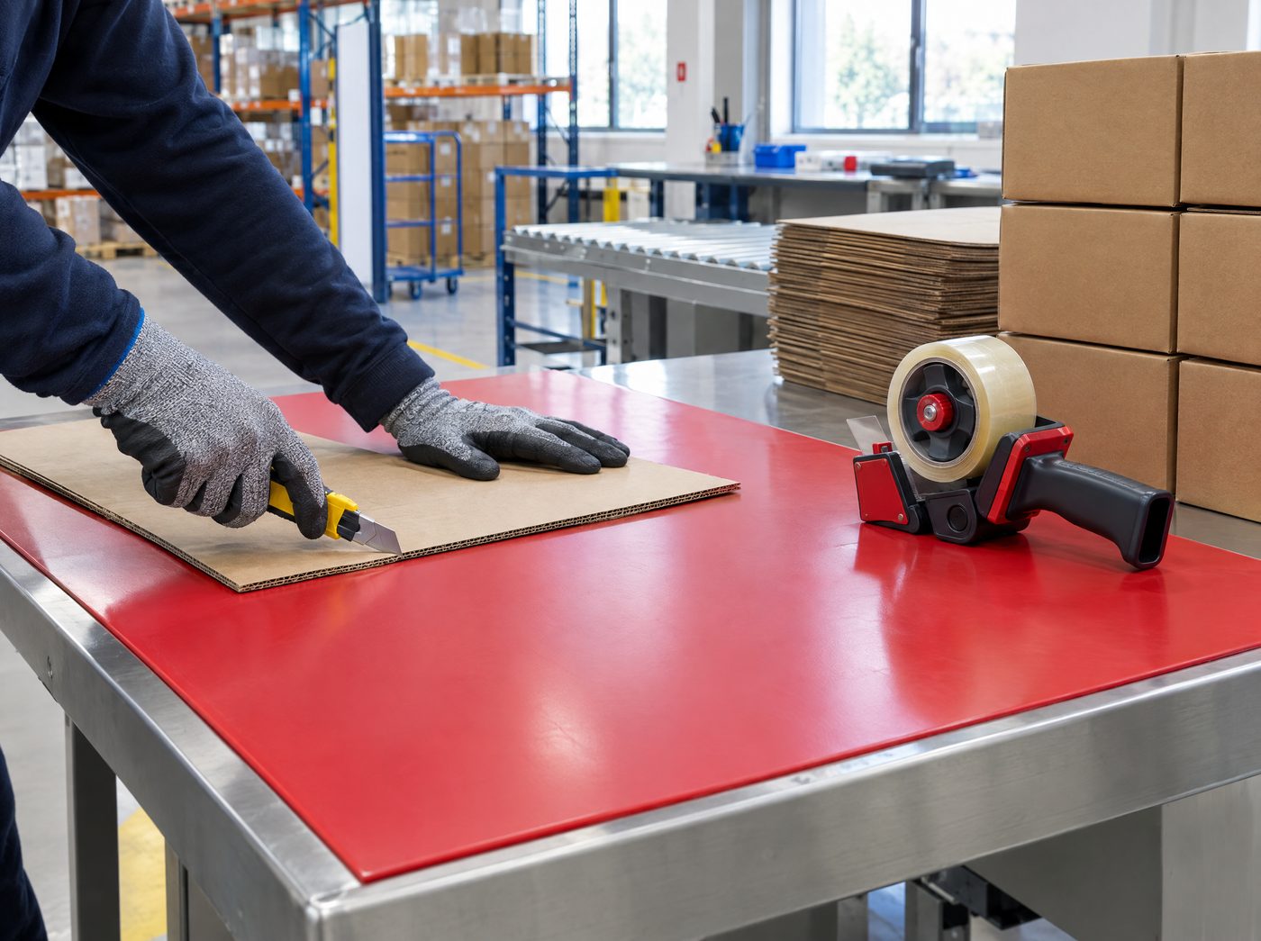 Packing bench covered with a red polyurethane cutting mat and cardboard being trimmed