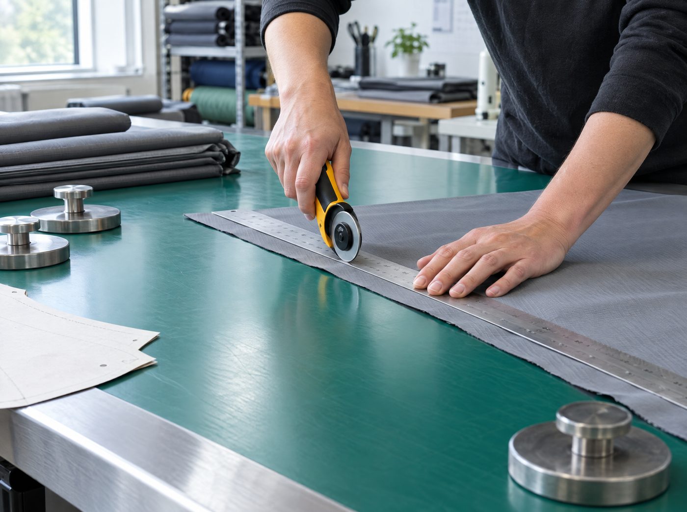 Rotary cutter cutting grey technical fabric on a green polyurethane cutting mat