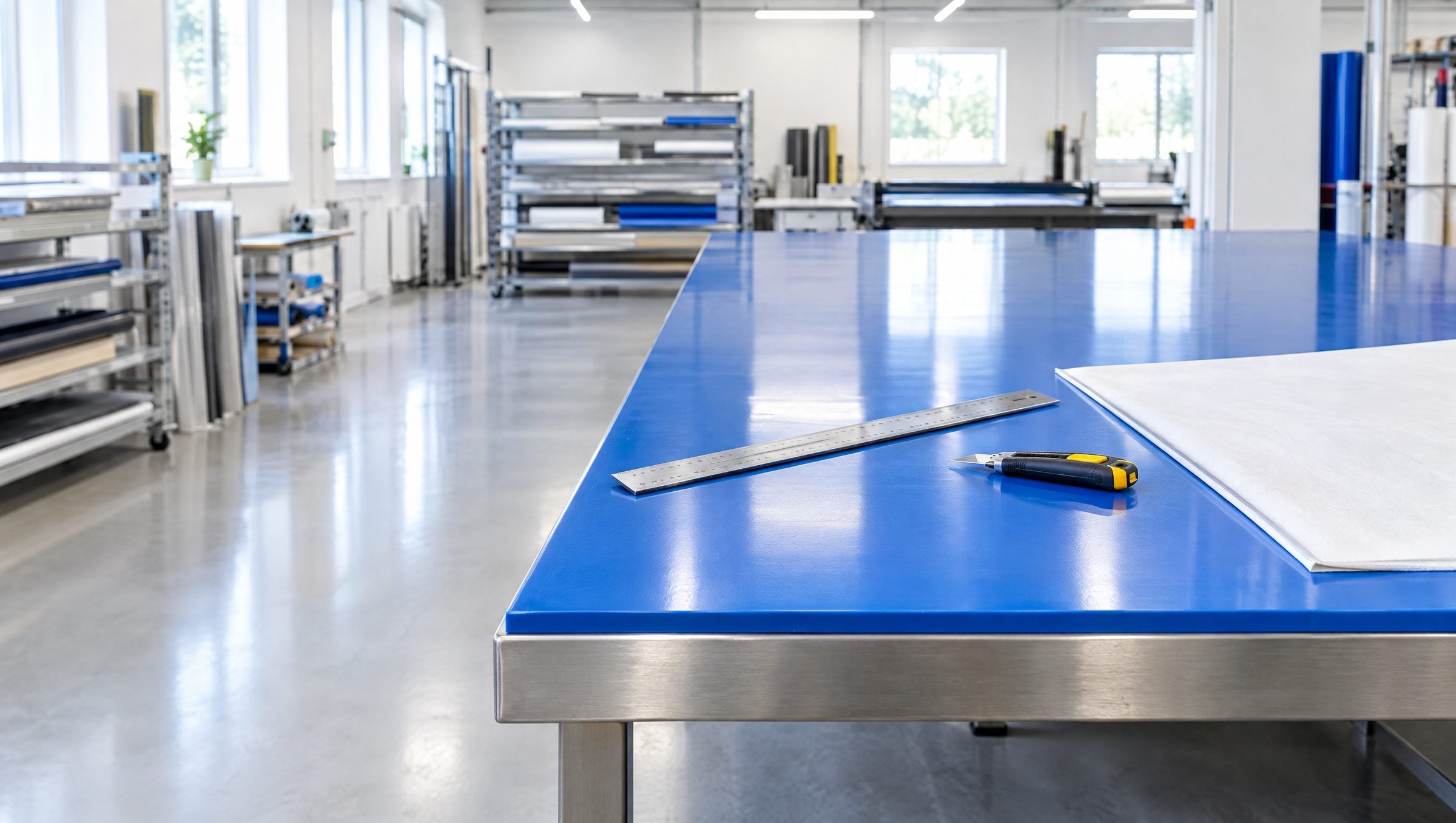 Blue polyurethane cutting mat covering a stainless steel cutting table in a clean workshop