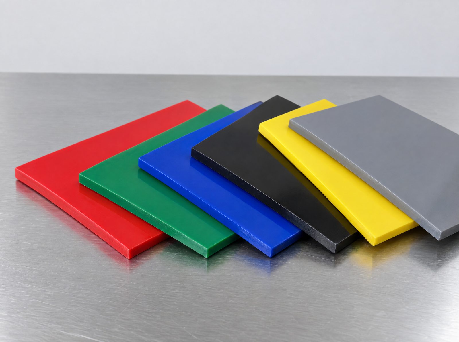 Six polyurethane sheet samples in red, green, blue, black, yellow and grey showing their 5 mm cut edges