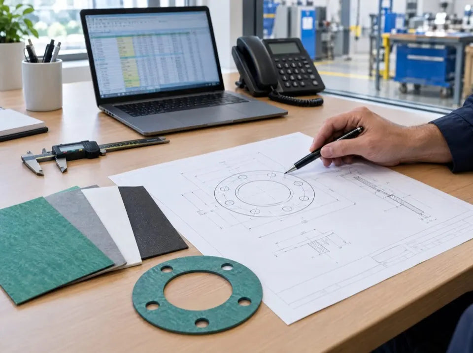 Gasket drawing, caliper and jointing sheet swatches on a specialist’s desk