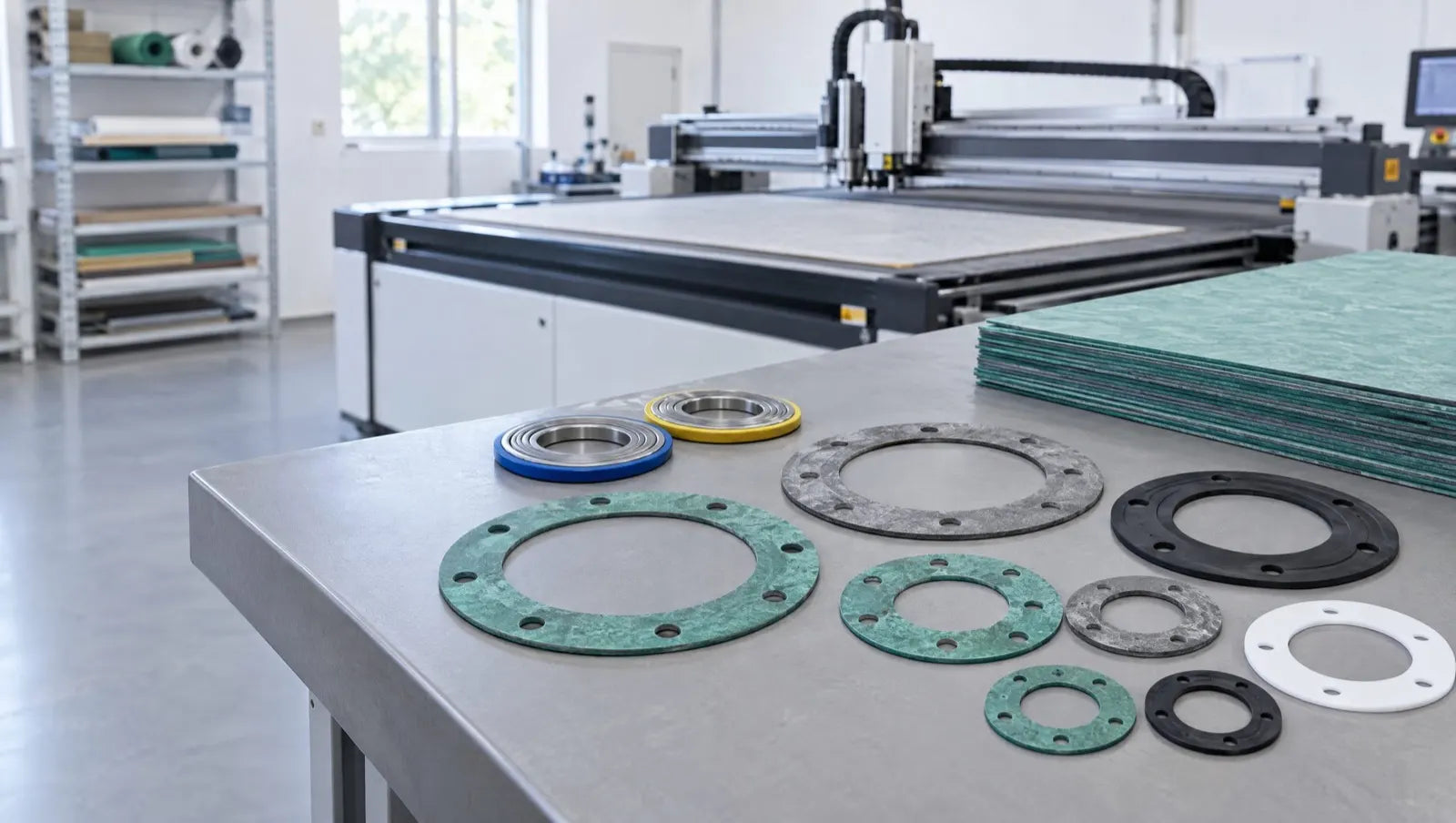 Freshly cut flange gaskets, spiral wound gaskets and jointing sheet on a workbench in a clean gasket cutting workshop