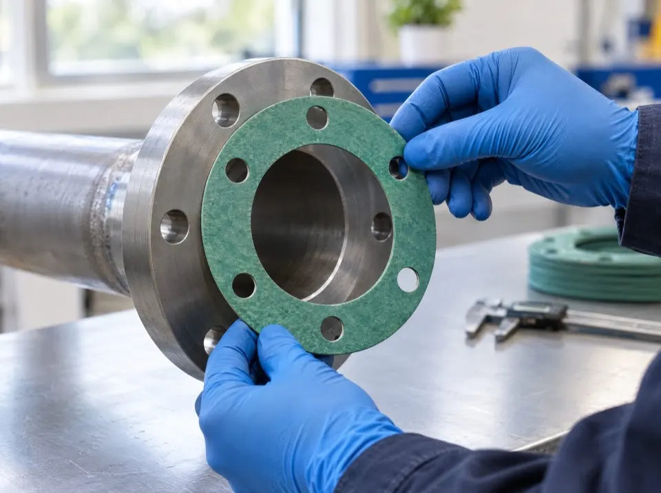 Gloved hands checking a cut compressed fibre gasket against a steel pipe flange