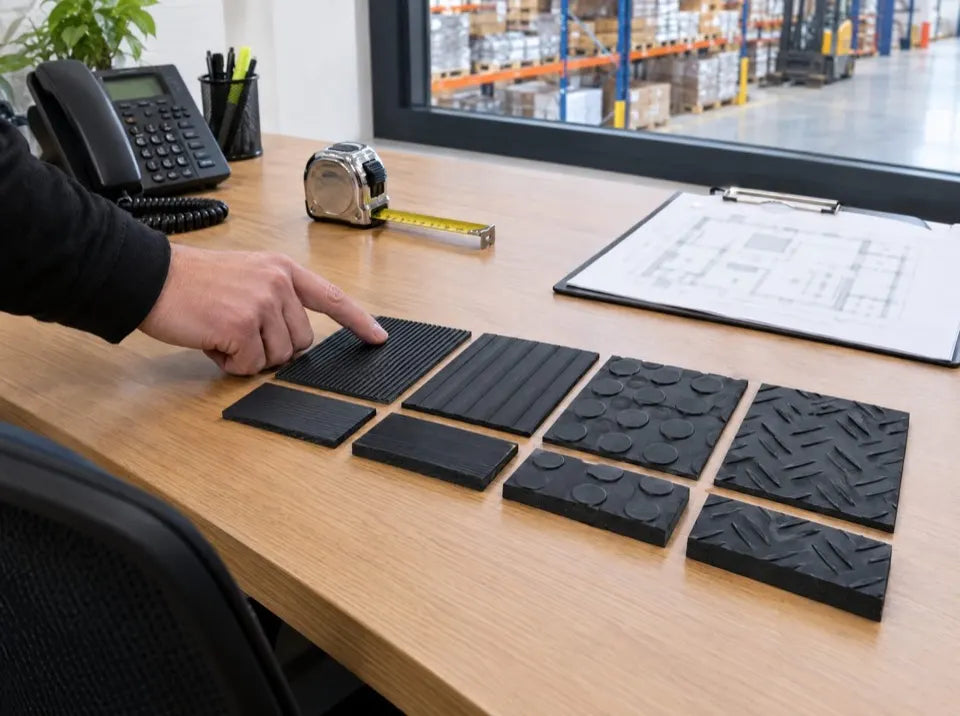 Specialist comparing rubber matting pattern samples at a desk