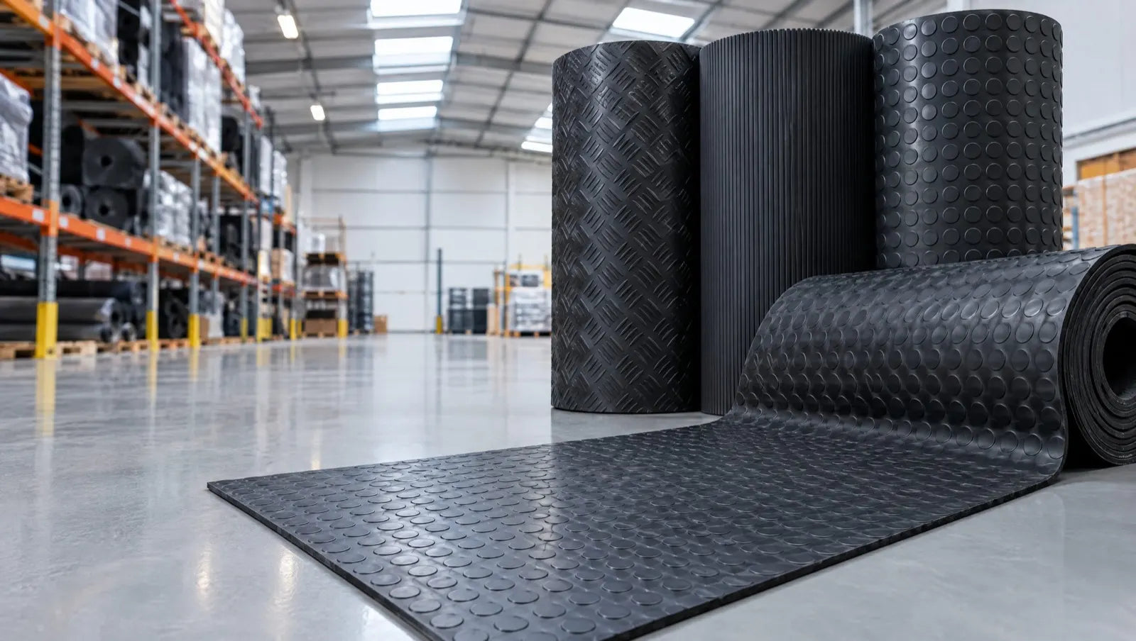 Rolls of black chequer plate, ribbed and coin stud rubber matting in a clean warehouse