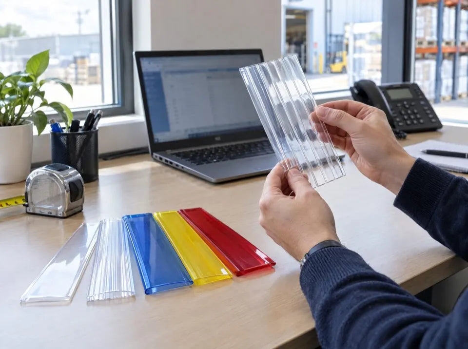 Specialist comparing clear, ribbed and coloured PVC samples at a desk