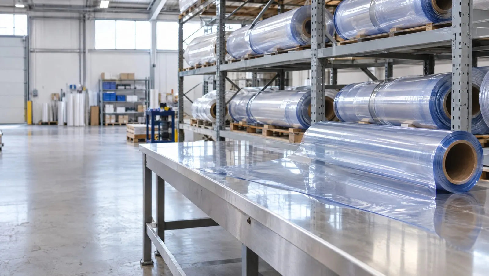 Rolls of clear flexible PVC strip on racking and unrolled across a stainless steel table in a clean warehouse