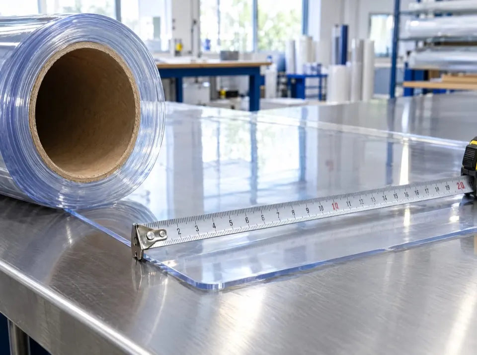 Clear flexible PVC roll and tape measure on a stainless steel cutting table