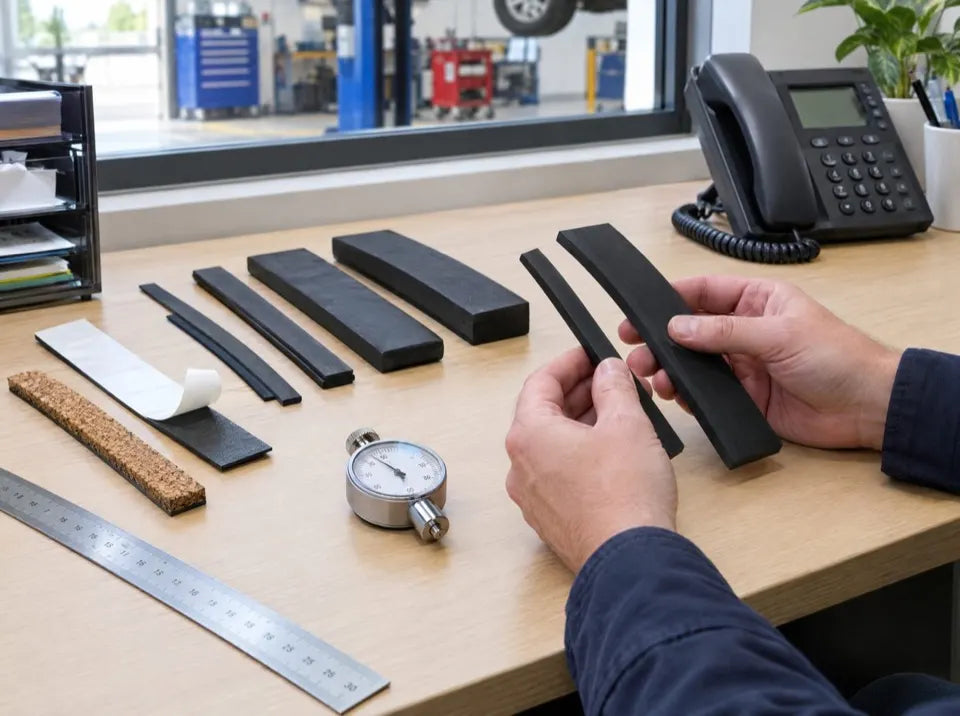 Specialist comparing rubber strip samples of different materials at a desk