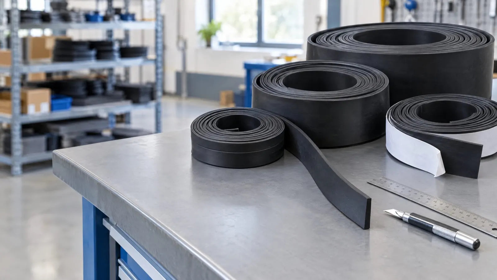 Coils of black rubber strip, including self-adhesive strip, on a clean workbench with a steel rule and knife