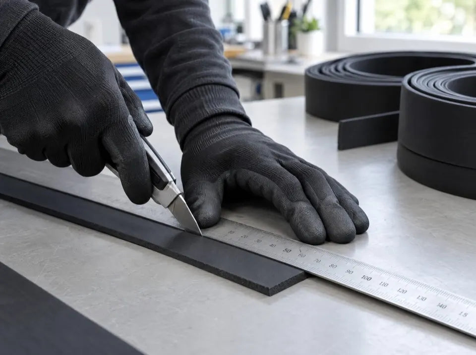 Gloved hands measuring and cutting black rubber strip against a steel rule