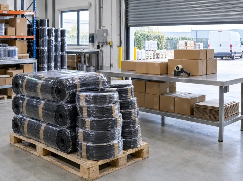 Wrapped matting rolls and boxed orders on a pallet in a clean dispatch area