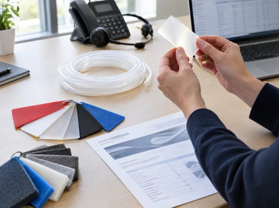 Silicone rubber swatches and tubing on a specialist’s desk