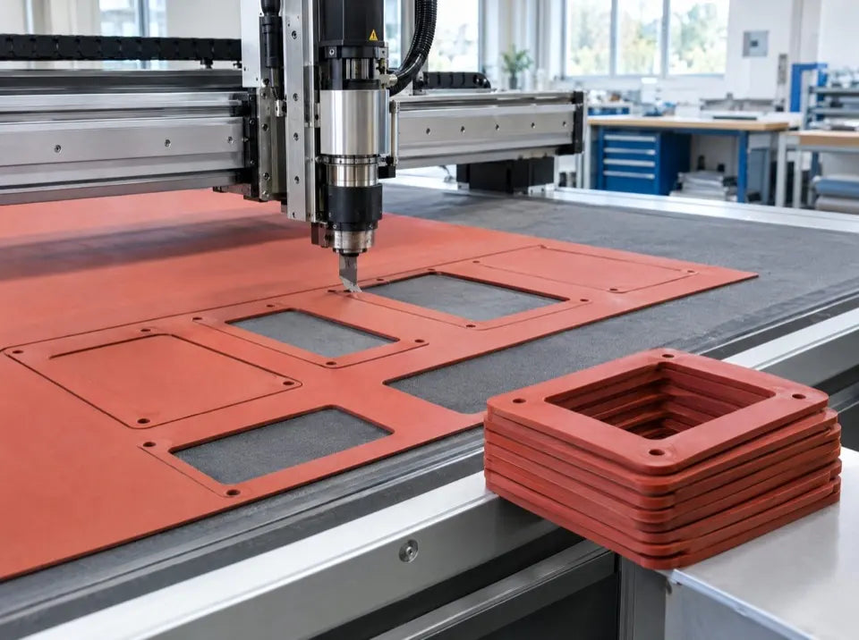 Silicone gaskets being cut precisely from red silicone sheet on a cutting table