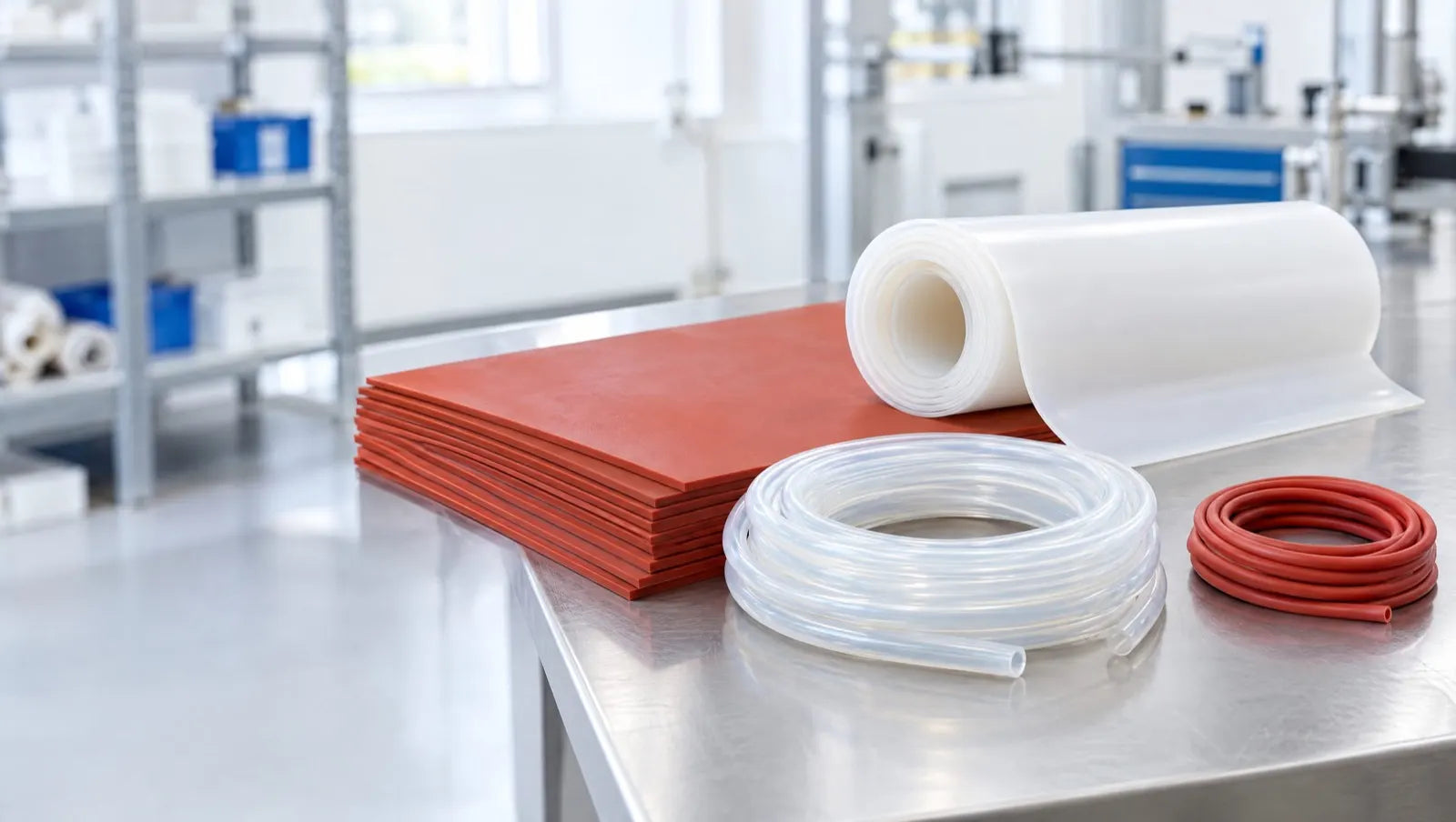 Red silicone sheet, translucent food-grade silicone and clear silicone tubing on a stainless steel table in a clean workshop