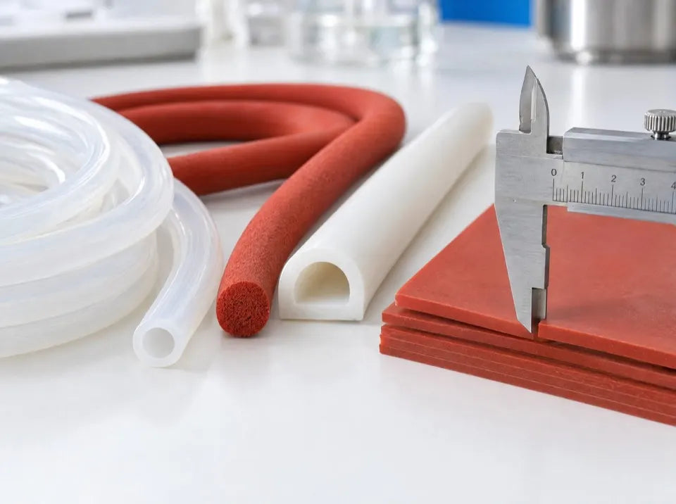 Silicone tubing, sponge cord, D-section seal and red silicone sheet measured with a caliper
